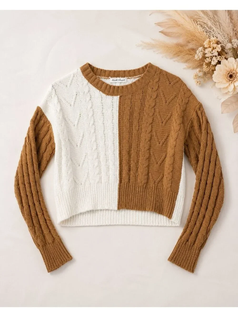 Derek Heart Women’s Small Brown Ivory Colorblock Cable Knit Cropped Sweater - Picture 1 of 15